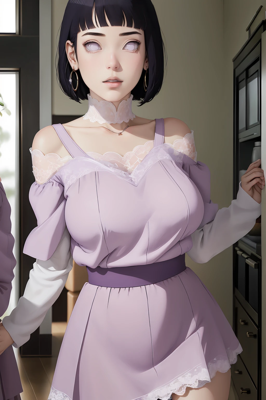 (masterpiece) (huge titusty, masterpiece, absurdres, hinata\(boruto\), 1girl, solo,mature female, off-shoulder bra, high waist short skirt, looking at viewelling petals), perfect composition, detailed lips, big breast, beautiful face, body propotion, blush, (pink lips), short hair, purple eyes, soft gaze, super realistic, detailed, photoshoot, realistic face and body, dancing lightly, lilac eyes, full body, lace clothes, with large hoop earrings