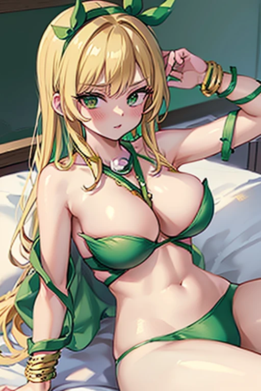 Blonde hair, green eyes, large breast, sexy, beautiful body, green underwear, green lingerie, green bra, bedroom, Masterpiece