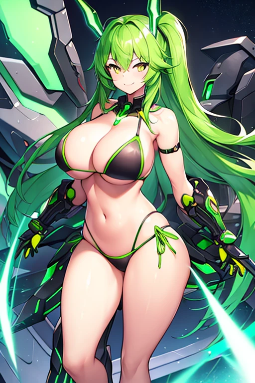 1girl, large breasts, breasts, wide hips, green hair, highleg bikini, bikini, black bikini, yellow eyes, smile, futuristic, science-fiction, tech, neon, neon trim, shoes, machinery, shoulder armor, bare legs