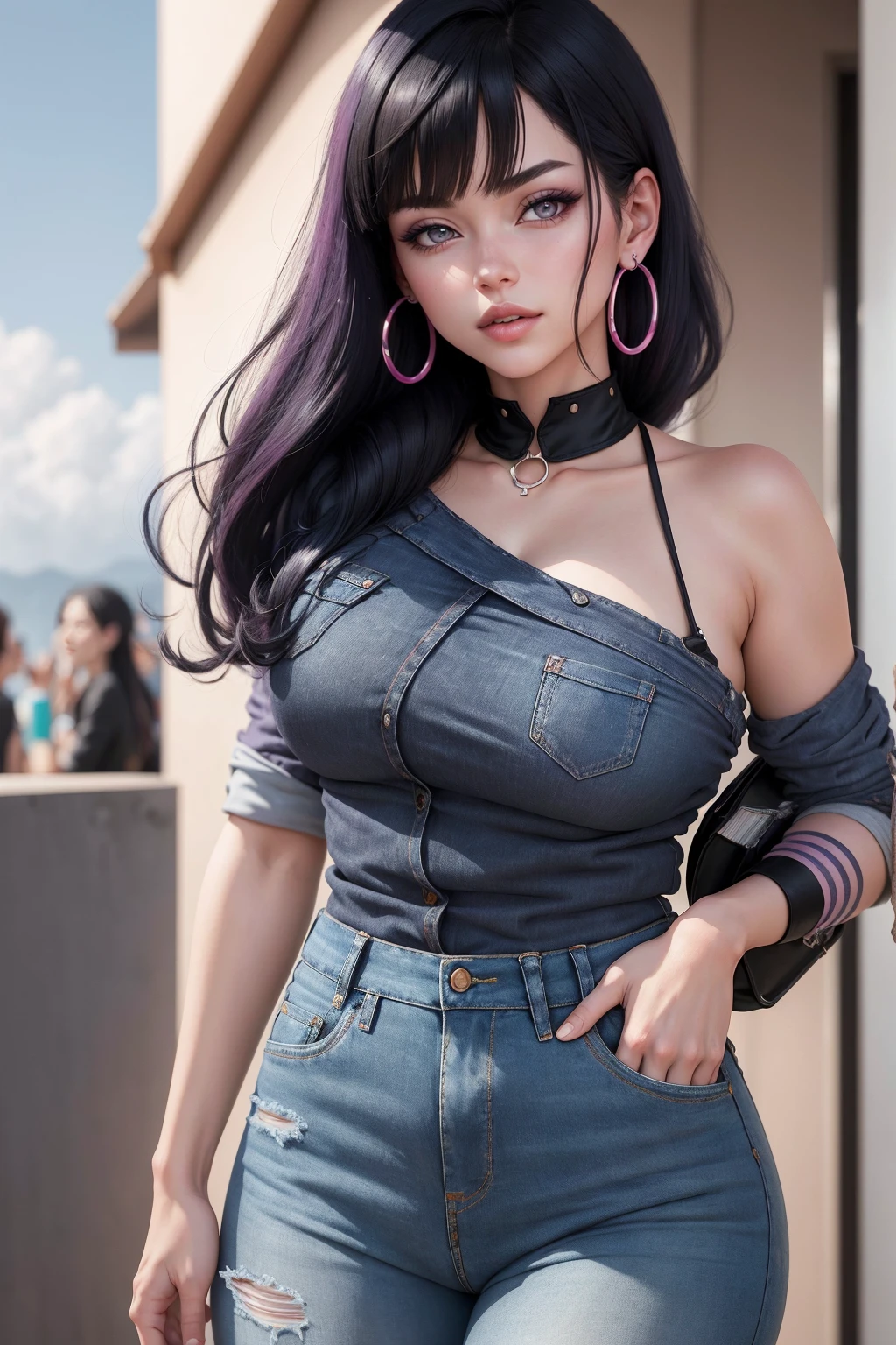 girl with purple hair,wears jeans, big chest,highly detailed and beautiful, Highly detailed, Cute beautiful woman with perfect body,Highly detailed and focused on face and chest,High Definition Breast