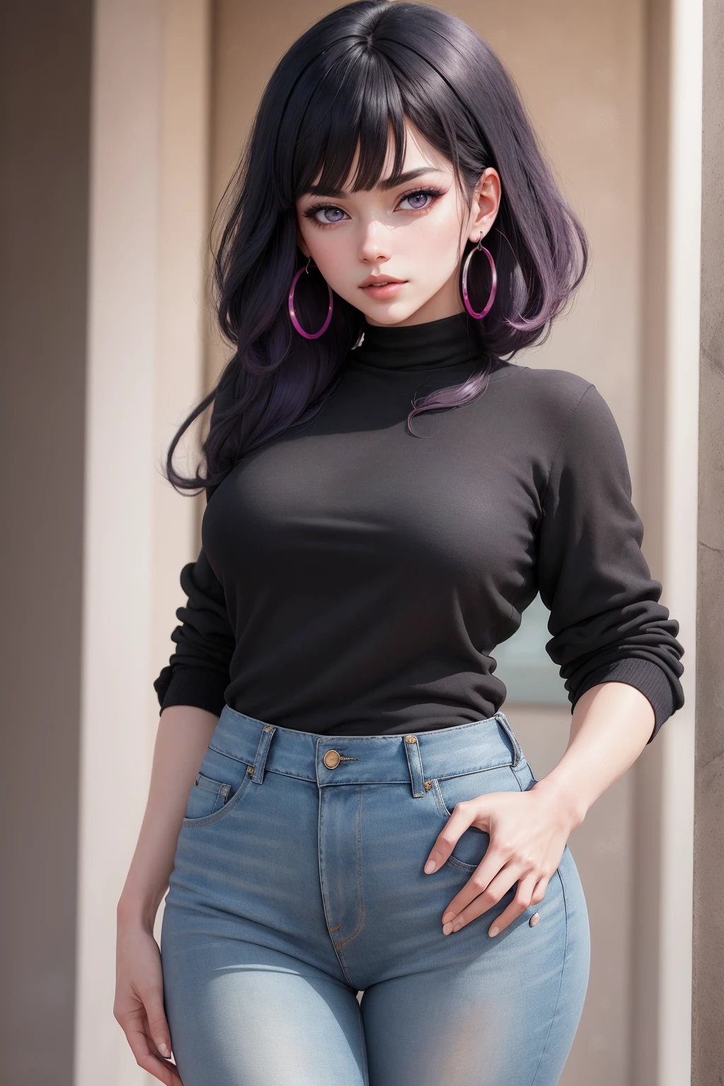 { - anatomy error} (Masterpiece - Ultra-detailed, very high resolution) , absurdos, Hinata\(Boruto\), 1girl, sozinho,Mature female, Capuz roxo,mangas em camadas, jeans, ao ar livre, Cloudy sky, perfect composition, circunstanciado lips, peito grande, beautiful face, body propotion, corar, (pink lips), cabelos pretos curto (black hair), lilac eyes, olhar suave, super realistic, circunstanciado, rosto e corpo realistas, Realistic hair, olhos realistas, nariz realista, realistic lips, with large hoop earrings, anime.
