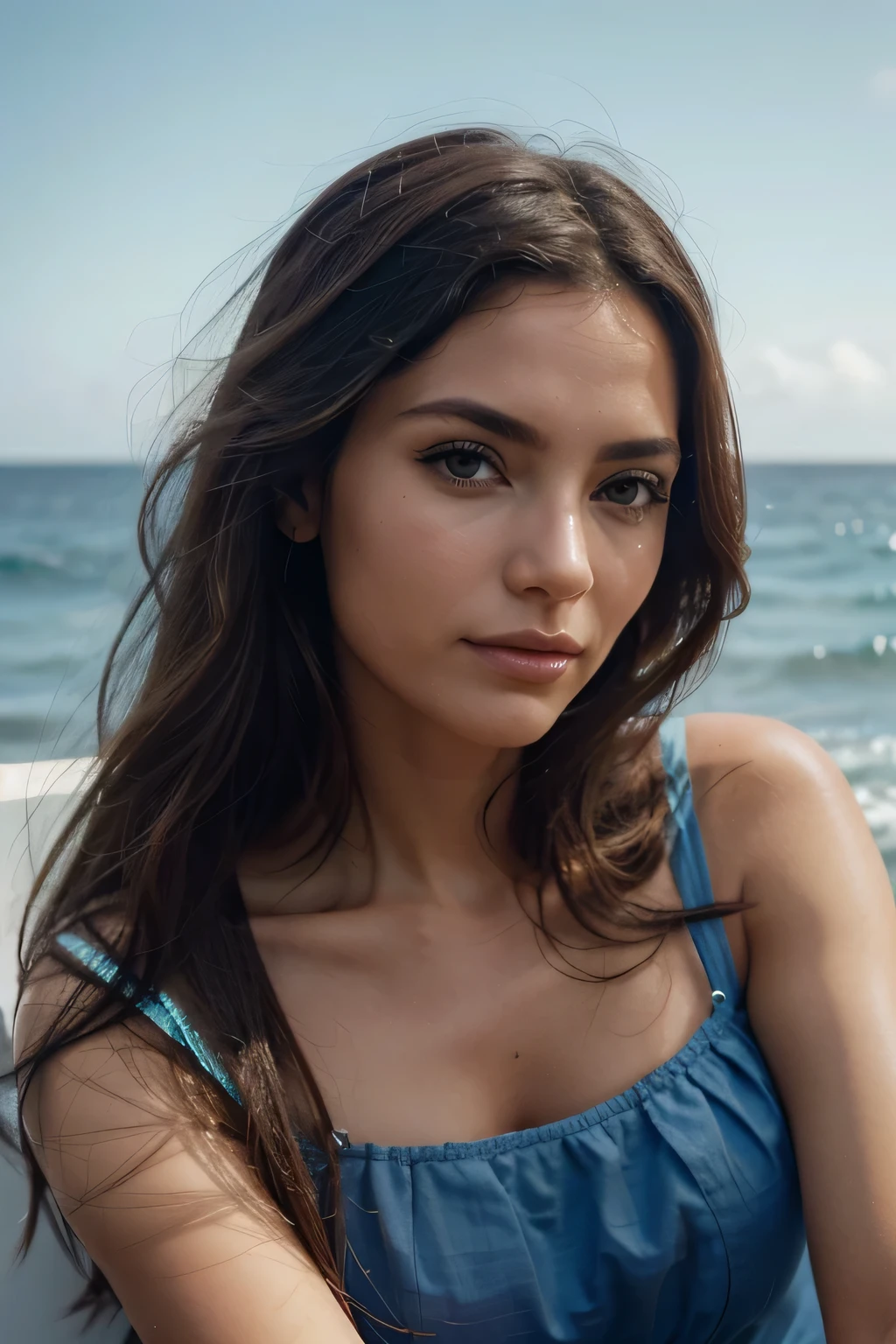 Modelo de glamour escandinavo de 30 anos, com olhos detalhados, long eyelashes, soft head, seios grandes, cintura fina, cabelo longo, cabelo loiro, detailed hands. Create an image capturing the essence of a casual moment, mas elegante, wearing a set in various shades of blue. Hair blowing gently in the sea breeze while sipping a coffee by the sea