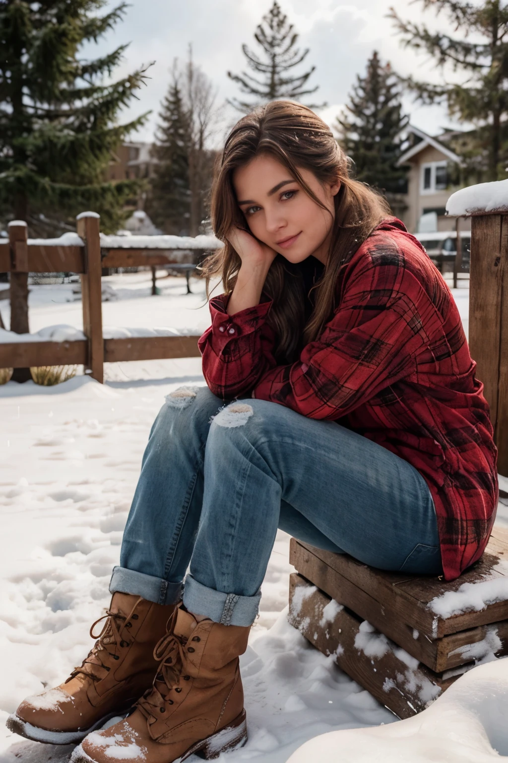 a woman sits outside, melting snow, in her red flannel oversized shirt, worn faded jeans that fit perfectly, and her old boots, she's resting outside, in the distance we see snow sculptures being made because of the melting snow, perfect for snowballs, the sky is grey blue, stunning landscape, comfortable and inviting, her hair is tied with leather strap, messy, she's relaxed