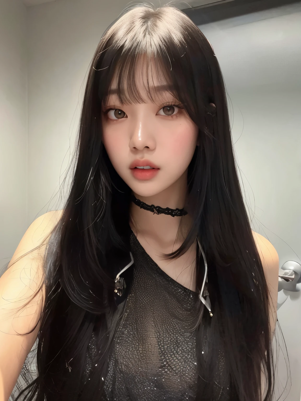 um close up de uma mulher com cabelos compridos usando um estrangulamento, Ulzzang, she has black hair com franja, com franja, Lalisa Manobal, jaeyeon nam, long hair com franja, Jinyoung Shin, coreana, Lalisa Manoban do Blackpink, long hair com franja completa, linda mulher sul-coreana, com franja completa