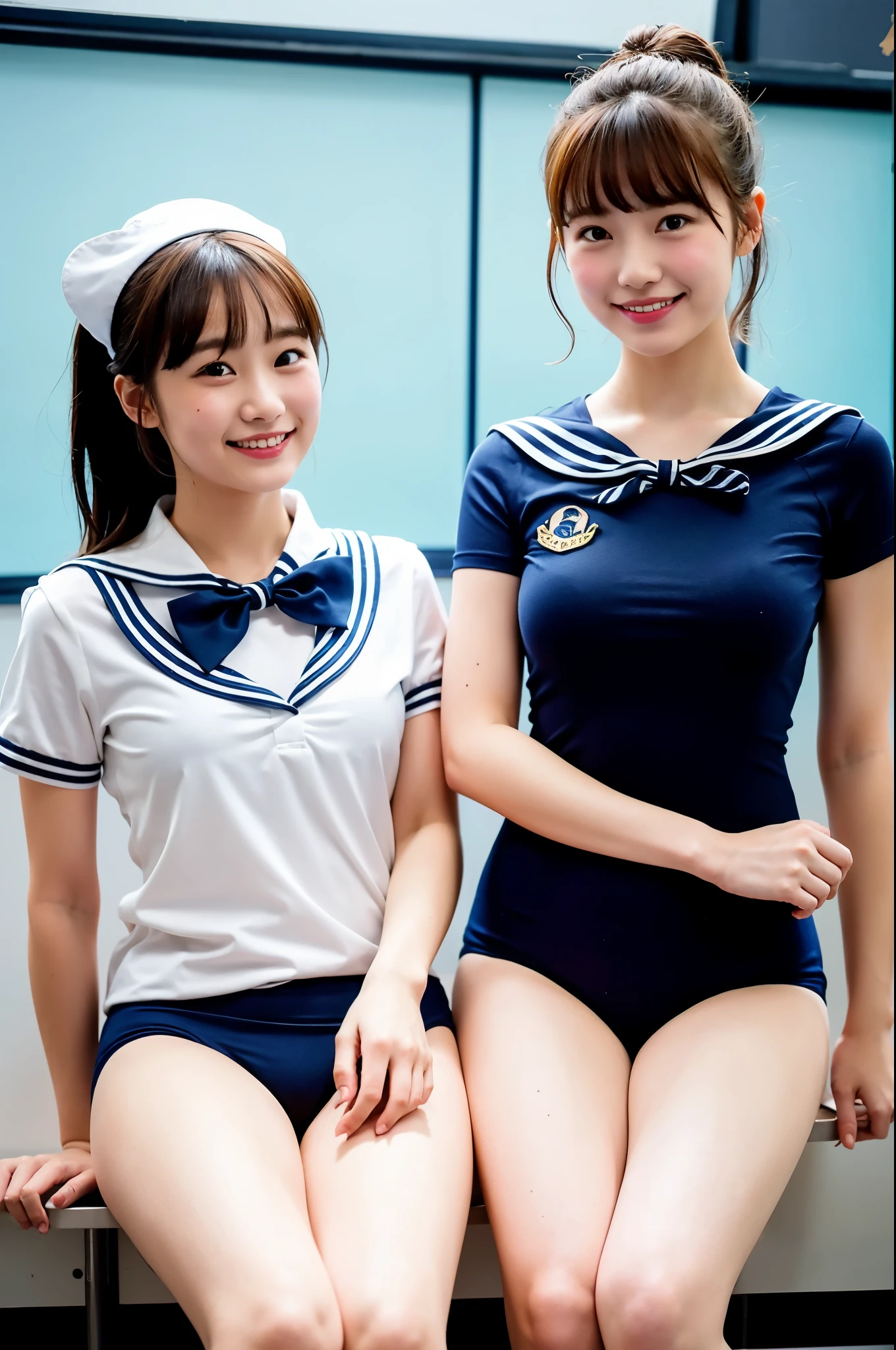 2 girls in classroom,navy blue sailor shirt over white swimsuit,red bow tie,18-year-old,bangs,a little smile,thighs,knees,short cut hair,low ponytail,from below,front-lighting