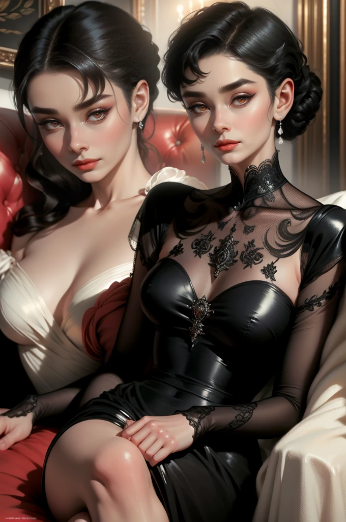 (Masterpiece - Ultra-Detailed, High Resolution) Prepare to be enchanted by a true masterpiece that combines ultra-detailed art with high-resolution rendering. This work shows a mesmerizing woman, with short, black hair, 1928s style, Audrey Hepburn (1.3) and captivating dark brown eyes (1.2), New York illustration style, wearing red lipstick, emanating an aura of elegance and mystery. Wearing classic victorian dress 1928s clothing. Intricate details and realistic textures invite you to explore every aspect of this enchanting composition. Black dress. reading, writing, walking, backwards, lying down, standing, dynamic poses, mouth closed. Different posture , dynamic poses, mouth closed. Different posture, with chin resting on shoulder. Get ready to dive into a world where beauty and craftsmanship merge perfectly.