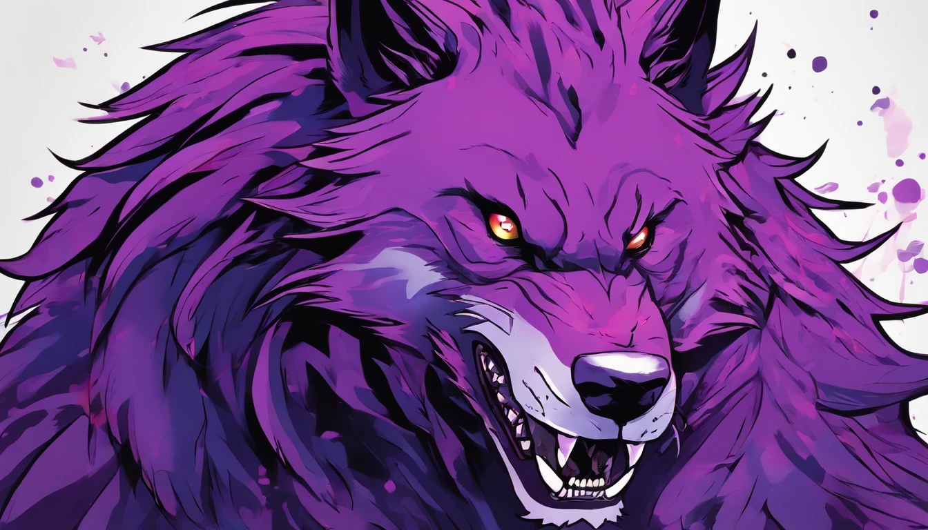 werewolf, with sharp claws and teeth, colors: purple, black, red, white