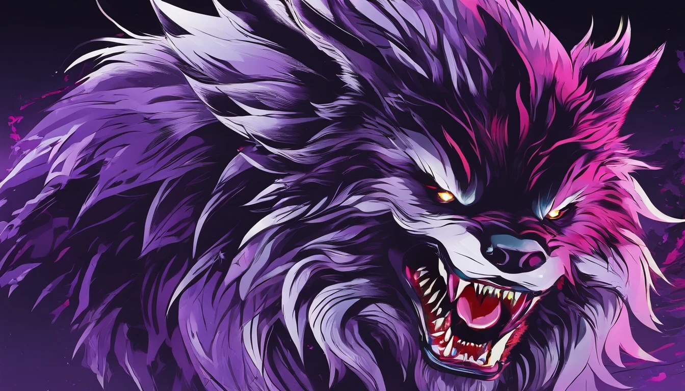  werewolf, with sharp claws and teeth, colors: purple, black, red, white 