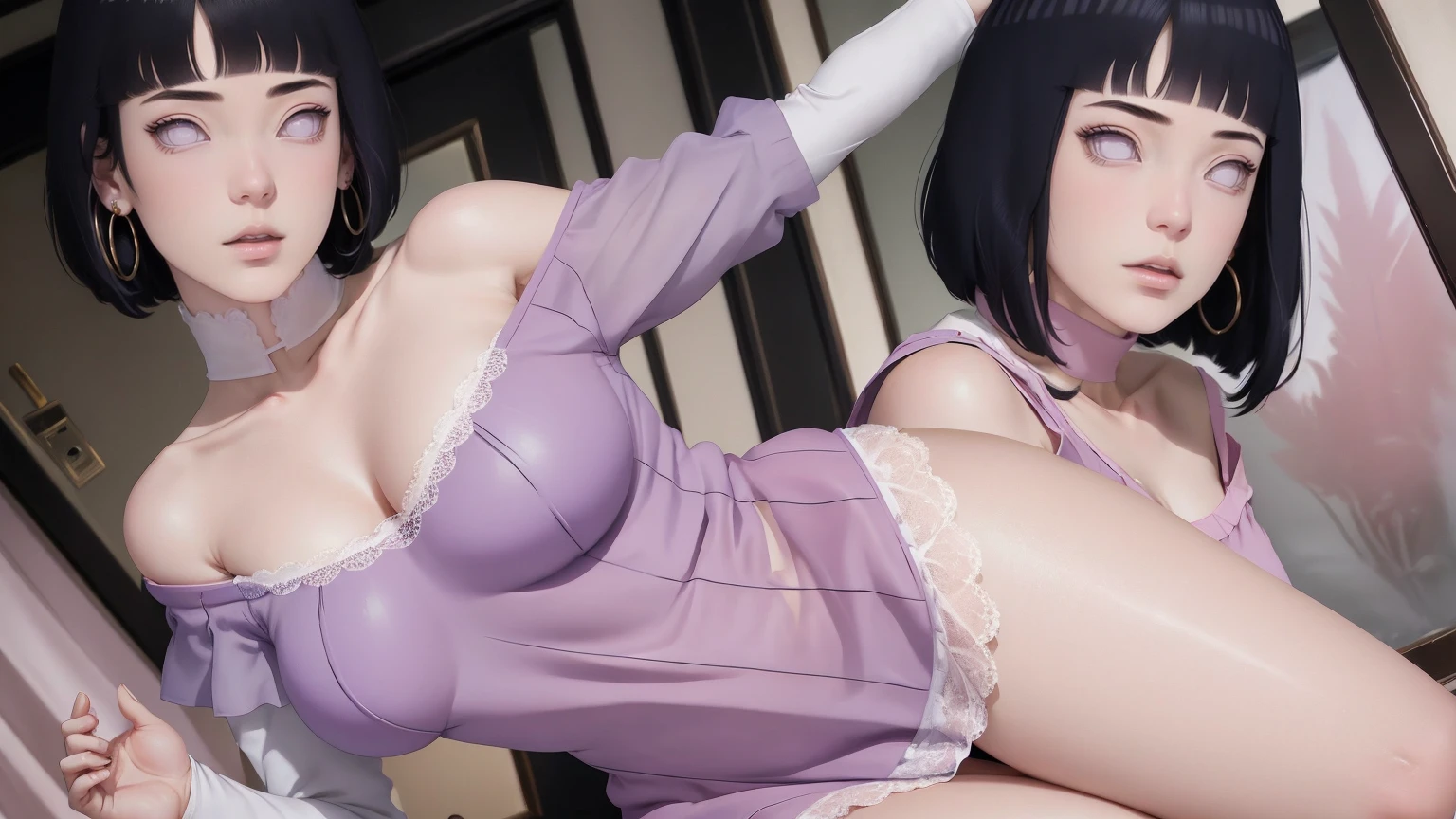 (masterpiece) (huge titusty, masterpiece, absurdres, hinata\(boruto\), 1girl, solo,mature female, off-shoulder bra, high waist short skirt, looking at viewelling petals), perfect composition, detailed lips, big breast, beautiful face, body propotion, blush, (pink lips), short hair, purple eyes, soft gaze, super realistic, detailed, photoshoot, realistic face and body, dancing lightly, lilac eyes, full body, lace clothes, with large hoop earrings