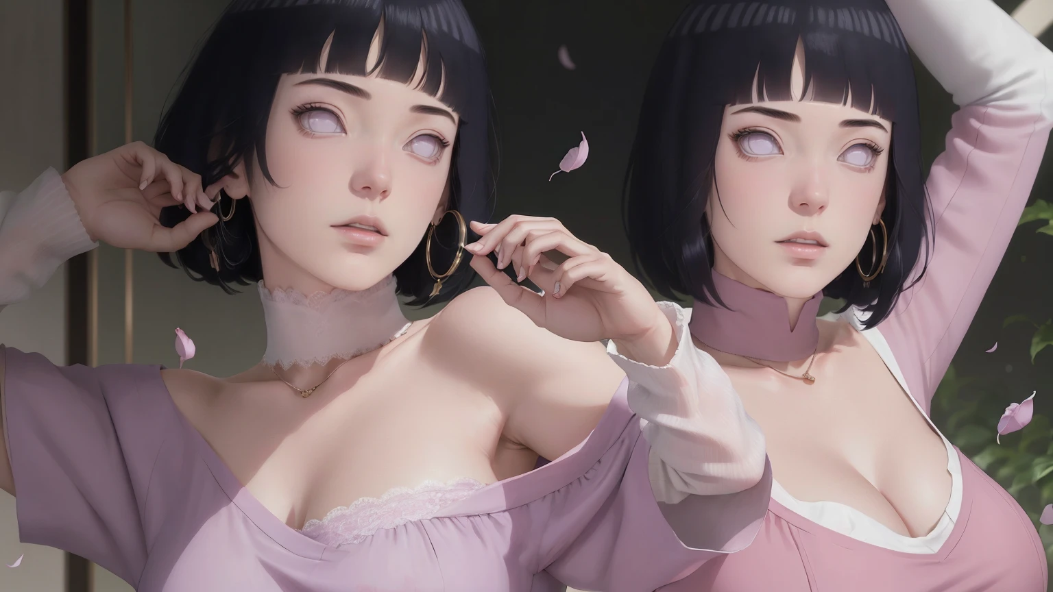 (masterpiece) (huge titusty, masterpiece, absurdres, hinata\(boruto\), 1girl, solo,mature female, off-shoulder bra, high waist short skirt, looking at viewelling petals), perfect composition, detailed lips, big breast, beautiful face, body propotion, blush, (pink lips), short hair, purple eyes, soft gaze, super realistic, detailed, photoshoot, realistic face and body, dancing lightly, lilac eyes, full body, lace clothes, with large hoop earrings