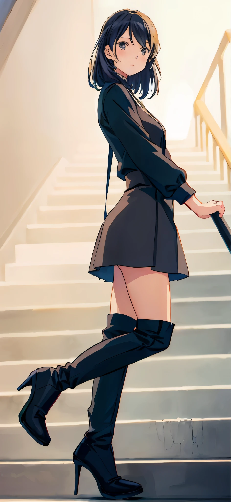 (highest quality,High resolution,masterpiece:1.2),super detailed,realistic:1.37,cute anime girl,anime illustration,black dress,high heel boots,cute facial expressions,short skirt,stage,anime style boots,anime inspired art, Pixiv style anime art, Pixiv style cute girl,Cute anime visuals,yandere,Anime Artwork,anime character art,cute expression,Smooth anime CG art,anime art style,anime girl walking up stage,long hair,Big eyes,expressionless face,dark background,soft lighting,anime aesthetics,Anime style character illustration,anime girl standing