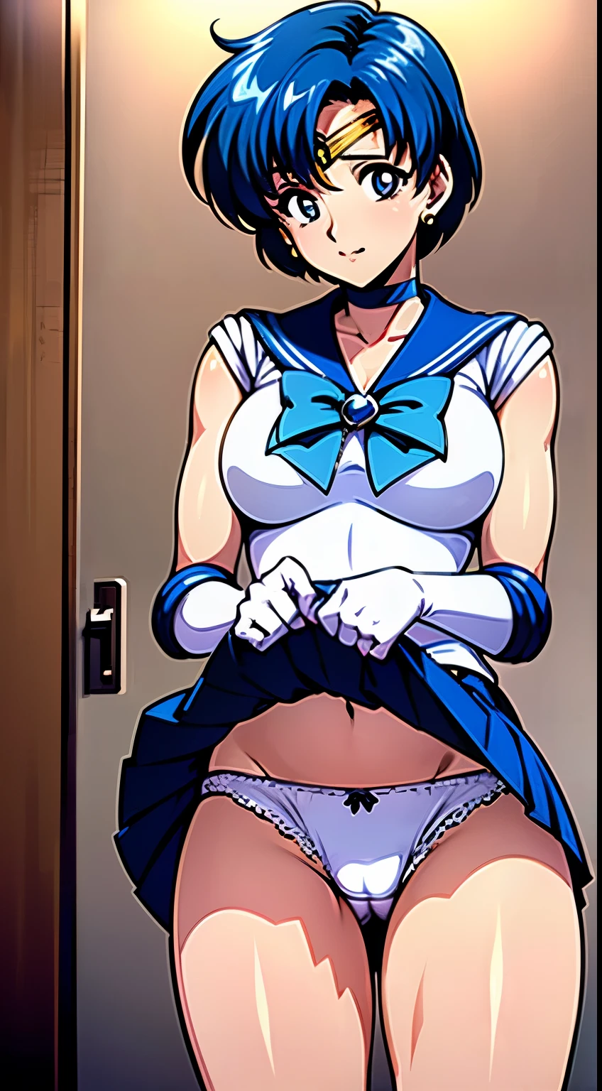 (best quality, masterpiece, ultra high res), (photorealistic:1.4), (RAW photo), 8K,
1 beautiful girl, japanese, AmiMizuno, (sailor mercury, neck ribbon, blue hair, short hair, circlet, jewelry, crescent earrings), (pleated skirt), (Lift up the skirt:1.4),(white panties visible:1.3),(pubic hair:1.2),(cameltoe:1.2),(love juice:0.7)