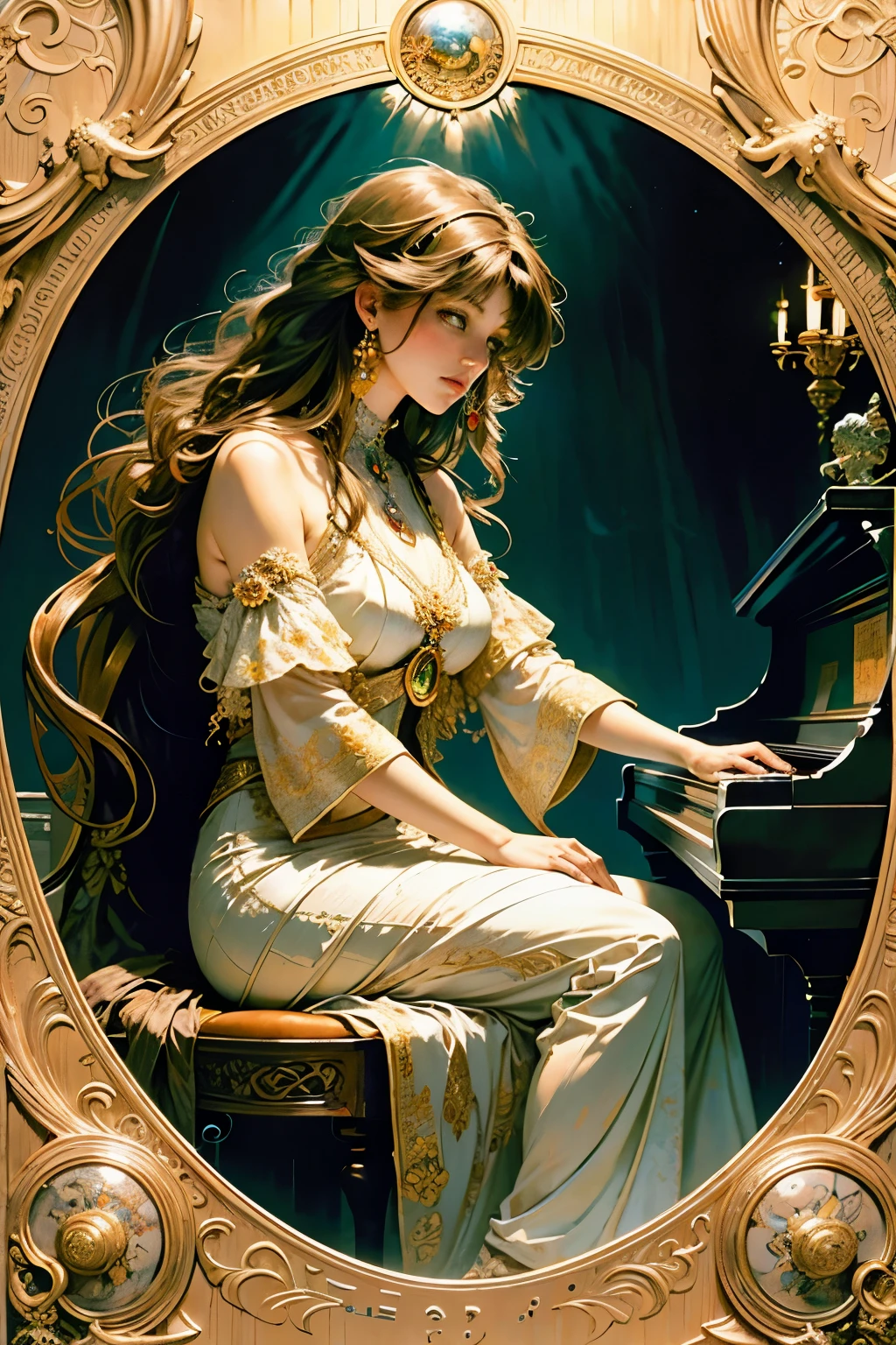 Realistic and Detailed: A Masterpiece Portrait of Elesky Playing the Piano by Alphonse Mucha, Ayami Kojima, Amano, Charlie Bowater, Karol Bak, Greg Hildebrandt, Jean Delville, and Mark Brooks
This captivating artwork showcases the enchanting figure of Elesky as she gracefully plays the grand piano, surrounded by the mesmerizing ambiance of Art Nouveau and Neo-Gothic elements. The portrait boasts an exquisitely realistic and detailed face, revealing every intricate line, curve, and texture.
The rich, deep, and moody colors employed add to the overall