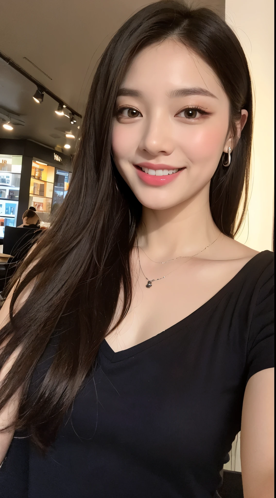 ((The Highest Quality、8k、master masterpiece:1.3))、1女の子、Sorrisos、total body、Slim Faces、a pretty woman、(darkbrown hair)、one piece、hyper detailed face、Detailed eye、Double Eyelid、blurred background、Slim Faces、cafes
