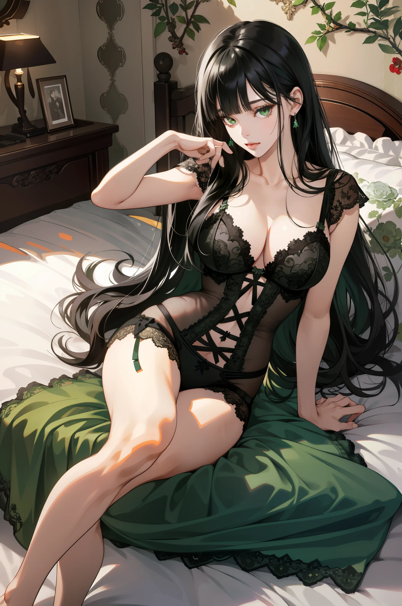 ( high resolution, Super detailed), 1 girl, adult, Long black hair, blunt bangs, green eyes, whole body, Detailed eyes and detailed face, Extremely detailed CG unified 8k wallpaper, intricate details, sitting on bed ,mesmerizing design, emotional gestures，Erotic lingerie。Titillating