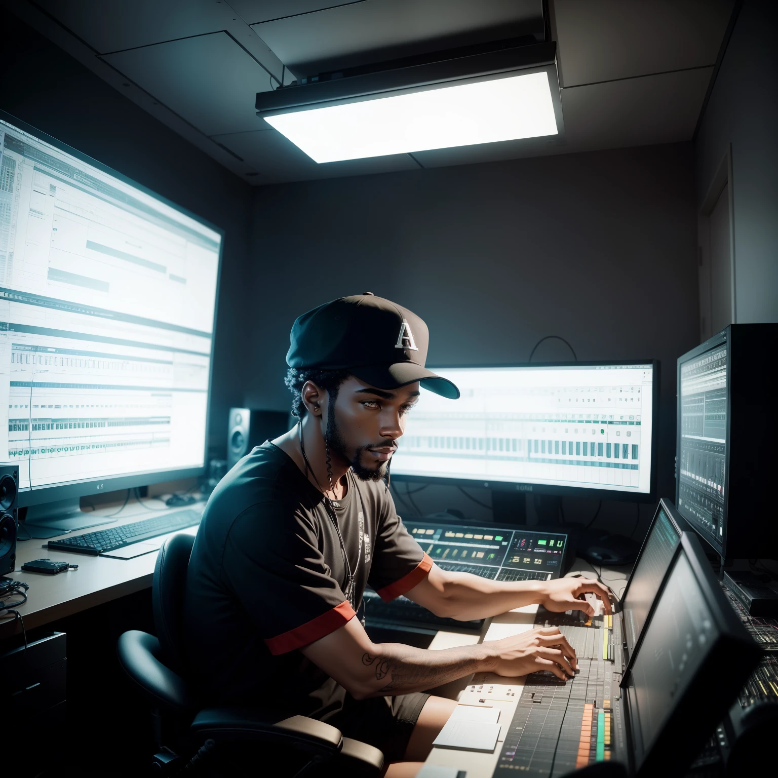 Make a drawing of a music production studio, with various electronic instruments and computers. A black built guy with a hat on looking towards the camera 