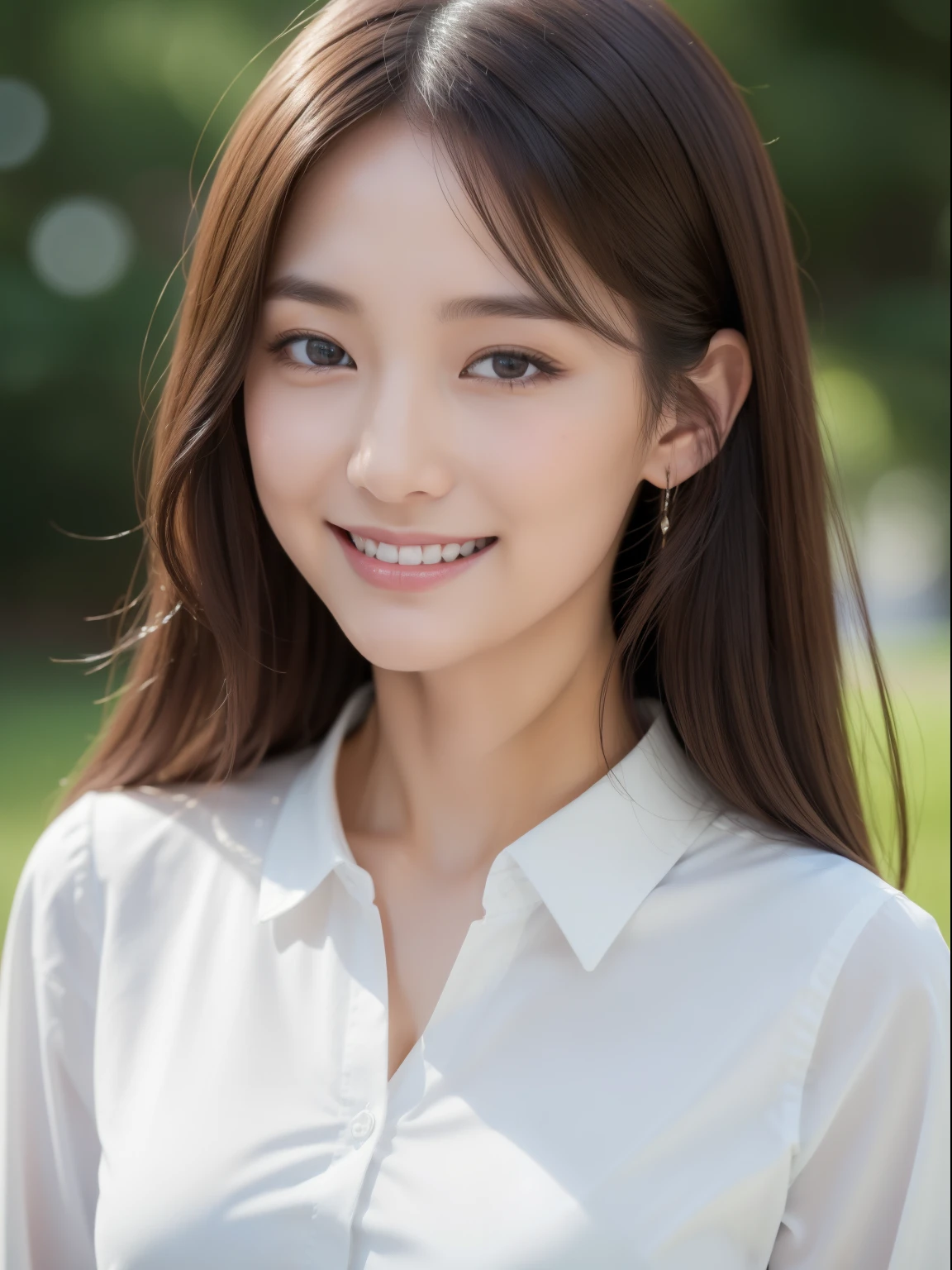 ((top-quality、8K、masterpiece:1.3))、1girl in、A smile、The upper part of the body、Slim Faces、Pretty women、(dark brown hair)、Neat and clean clothing、White cutter shirt:1.4、Neat and clean image、Lower body jeans、Not too big bust、hyperdetailed face、A detailed eye、二重まぶた、a park
