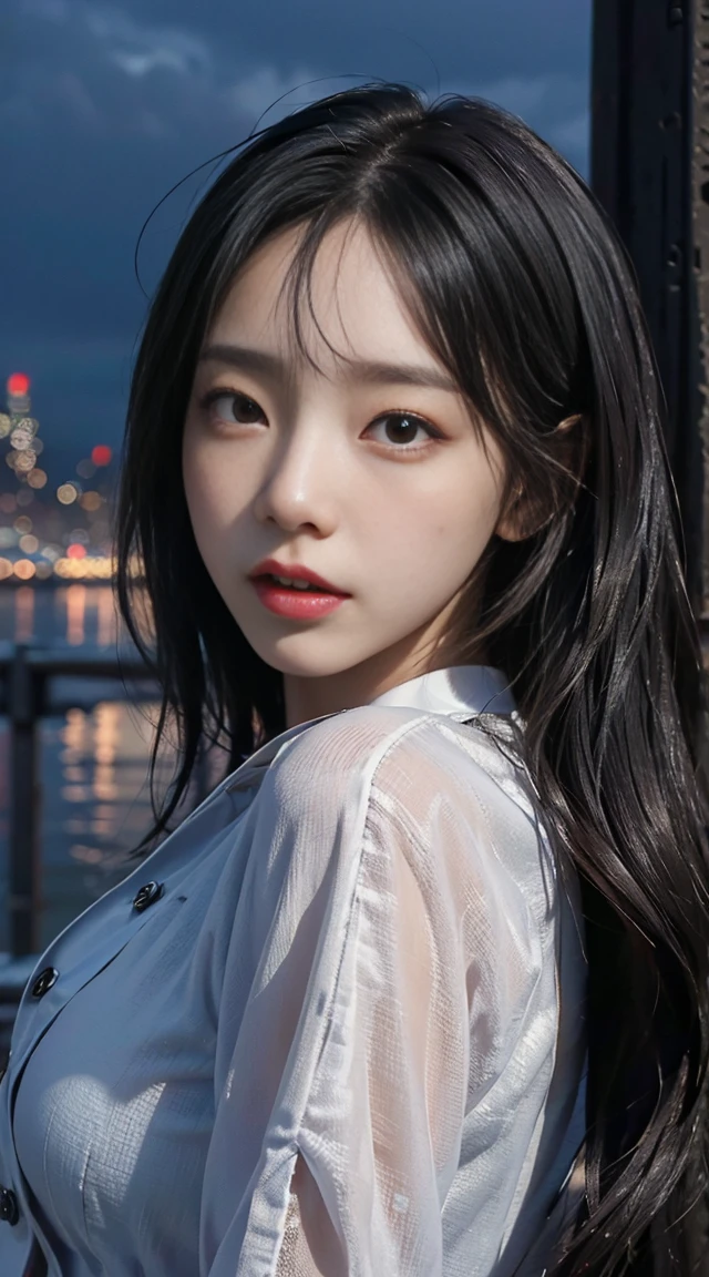 8K, newyork, outdoor, Crowded, cloudy sky, mature woman, black hair, warm lighting, cinematic, realistic, high quality, High resolution, masterpiece, night, beauty of nature, sensual look