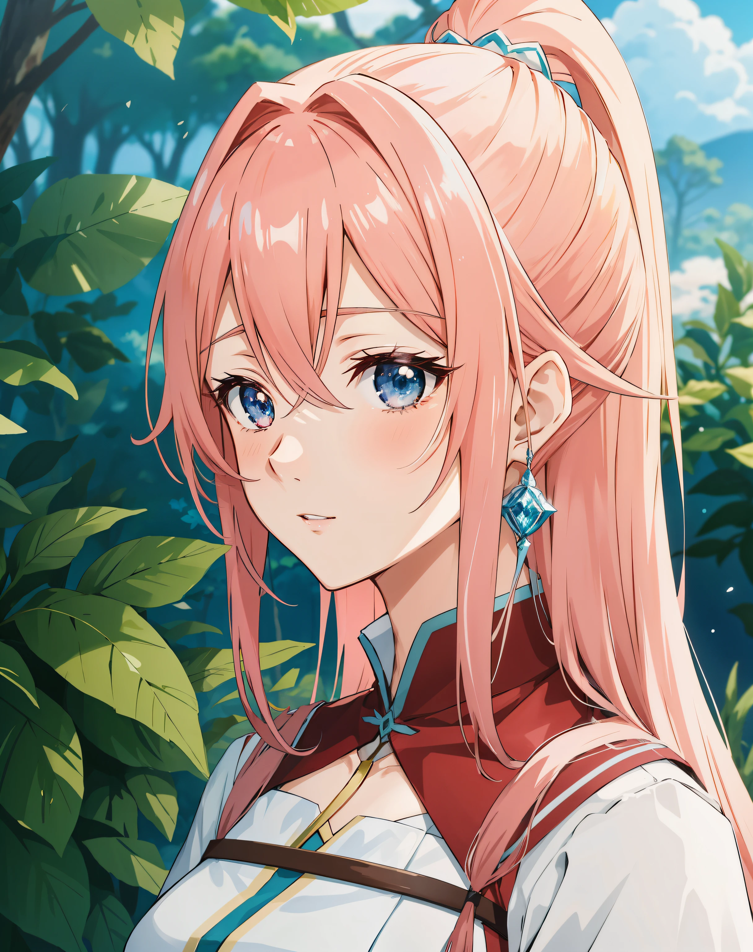 garota anime com longos cabelos rosa e olhos amarelos em uma floresta, o anime em destaque de hoje ainda, popular isekai anime, visual de anime de uma jovem, impacto de ayaka genshin, visual de anime de uma linda garota, ainda do anime de TV, captura de tela do filme de anime, ainda do anime, no filme de anime, personagem feminina de anime, haruno sakura, isekai. Orelhas redondas e delicadas. olhos amarelos e um pingente em formato de cruz