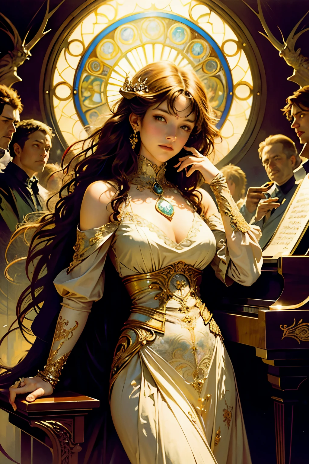 Realistic and Detailed: A Masterpiece Portrait of Elesky Playing the Piano by Alphonse Mucha, Ayami Kojima, Amano, Charlie Bowater, Karol Bak, Greg Hildebrandt, Jean Delville, and Mark Brooks

This captivating artwork showcases the enchanting figure of Elesky as she gracefully plays the grand piano, surrounded by the mesmerizing ambiance of Art Nouveau and Neo-Gothic elements. The portrait boasts an exquisitely realistic and detailed face, revealing every intricate line, curve, and texture.

The rich, deep, and moody colors employed add to the overall