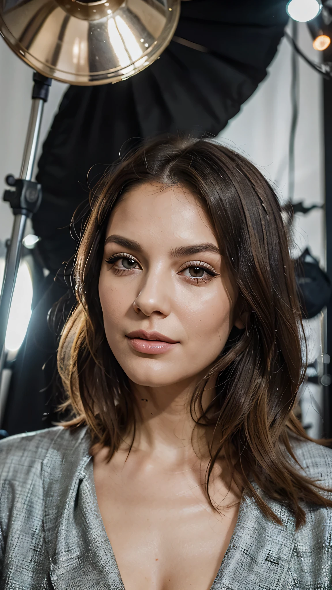 Modelo de glamour escandinavo de 30 anos, com olhos detalhados, long eyelashes, soft head, seios grandes, cintura fina, cabelo longo, blonde hair during a photo shoot, a influenciadora digital revela sua versatilidade na moda. In a studio full of creativity, she alternates between glamorous and relaxed looks, mantendo o azul como fio condutor, conveying authenticity and elegance behind the scenes
