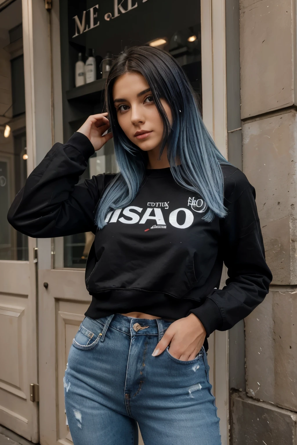 (better quality, alta risoluzione, ultra dettagliata), ragazza emo bionda tedesca con capelli lisci, felpa con cappuccio nera, braccia dietro la testa, jeans super skinny blu