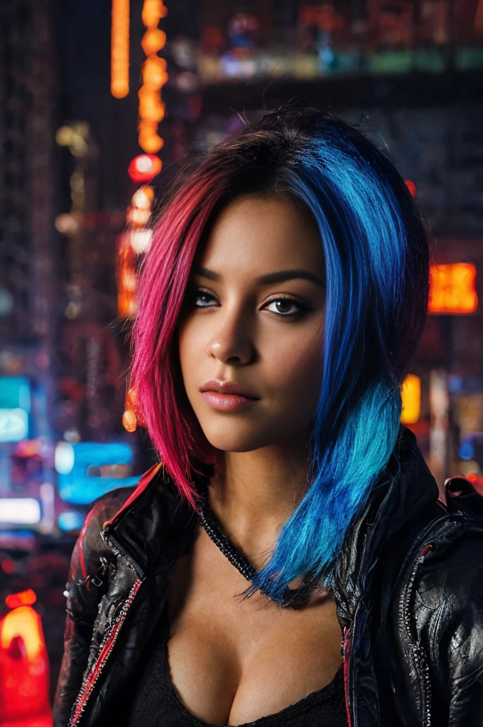 (Photorealistic:1.4) image of a cyber punk girl, (top-quality, 8K, 32K, masterpiece), (dynamic pose), ((facing camera)), (looking at camera), cowboy shot, shapeless hair, colorful hair, colorful cyberpunk clothing, depth of field f/1.8, cyberpunk city background, cinematic lighting.