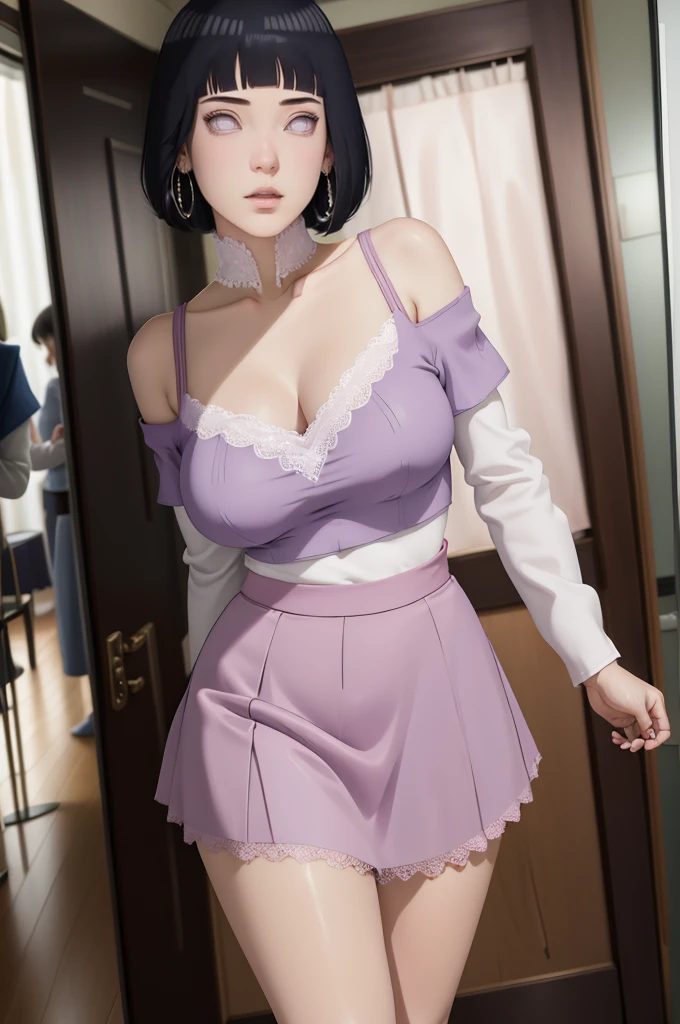(masterpiece) (huge titusty, masterpiece, absurdres, hinata\(boruto\), 1girl, solo,mature female, off-shoulder bra, high waist short skirt, looking at viewelling petals), perfect composition, detailed lips, big breast, beautiful face, body propotion, blush, (pink lips), short hair, purple eyes, soft gaze, super realistic, detailed, photoshoot, realistic face and body, dancing lightly, lilac eyes, full body, lace clothes, with large hoop earrings