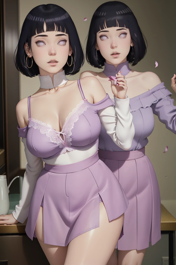 (masterpiece) (huge titusty, masterpiece, absurdres, hinata\(boruto\), 1girl, solo,mature female, off-shoulder bra, high waist short skirt, looking at viewelling petals), perfect composition, detailed lips, big breast, beautiful face, body propotion, blush, (pink lips), short hair, purple eyes, soft gaze, super realistic, detailed, photoshoot, realistic face and body, dancing lightly, lilac eyes, full body, lace clothes, with large hoop earrings