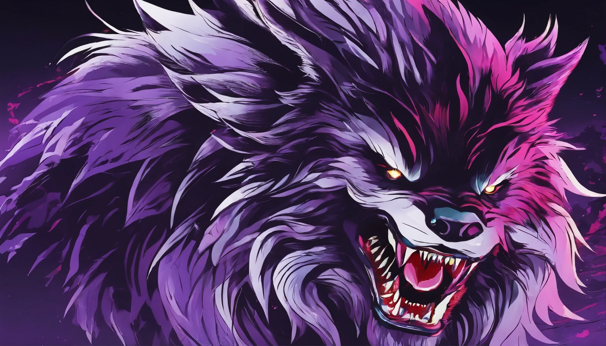  werewolf, with sharp claws and teeth, colors: purple, black, red, white 