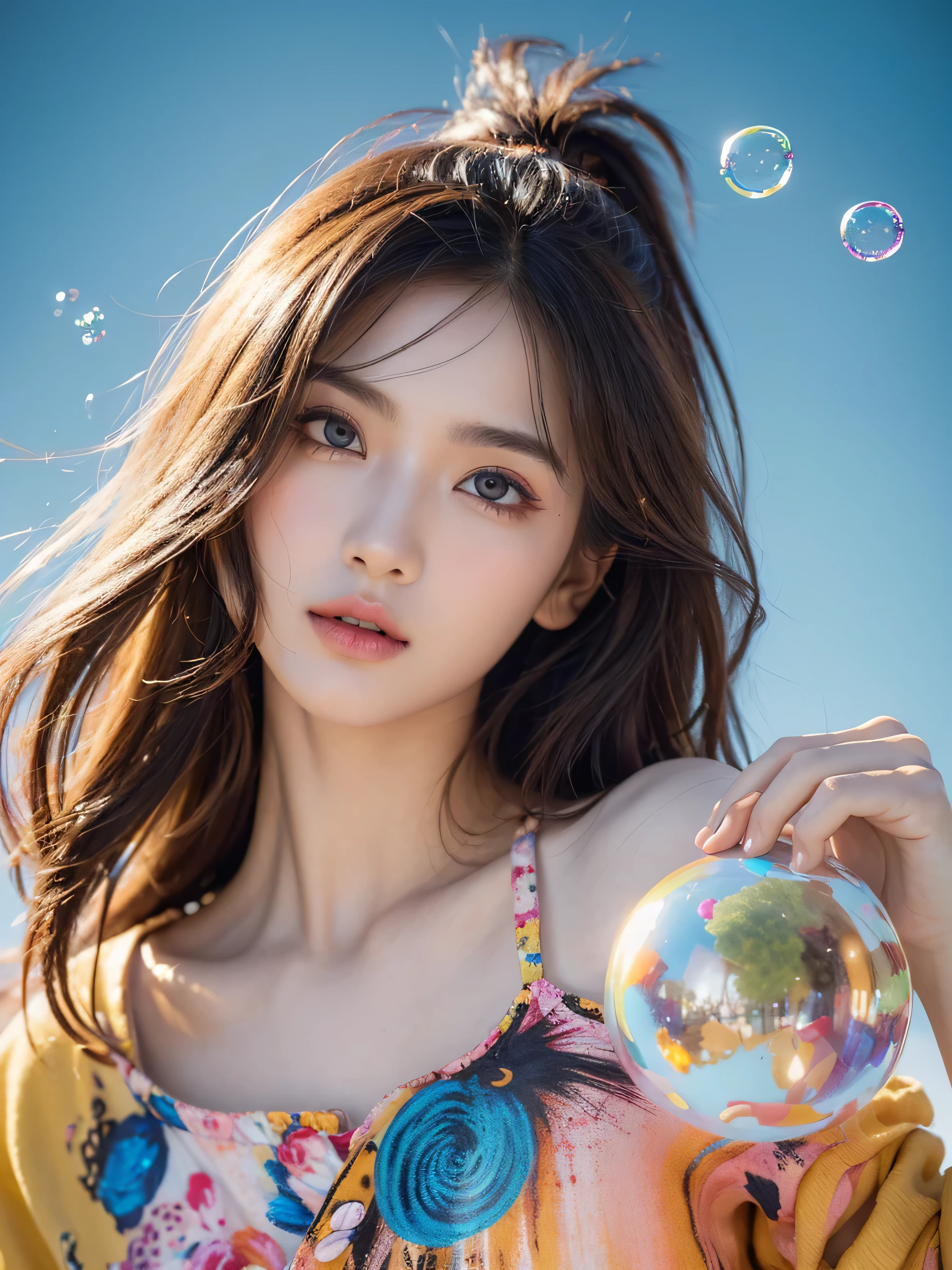 (Masterpiece), (best quality), (very detailed),(messy hair),(illustration), (1 boy,1 girl), mark, Macro lens, (Fashionable clothing), stand,Fashion model, Look at the viewer., ( interview), (simple background), Beautifully detailed eyes, exquisite beauty, Floating, (high saturation), (colorful splashes), colorful bubble, (shine), Focus on the face,