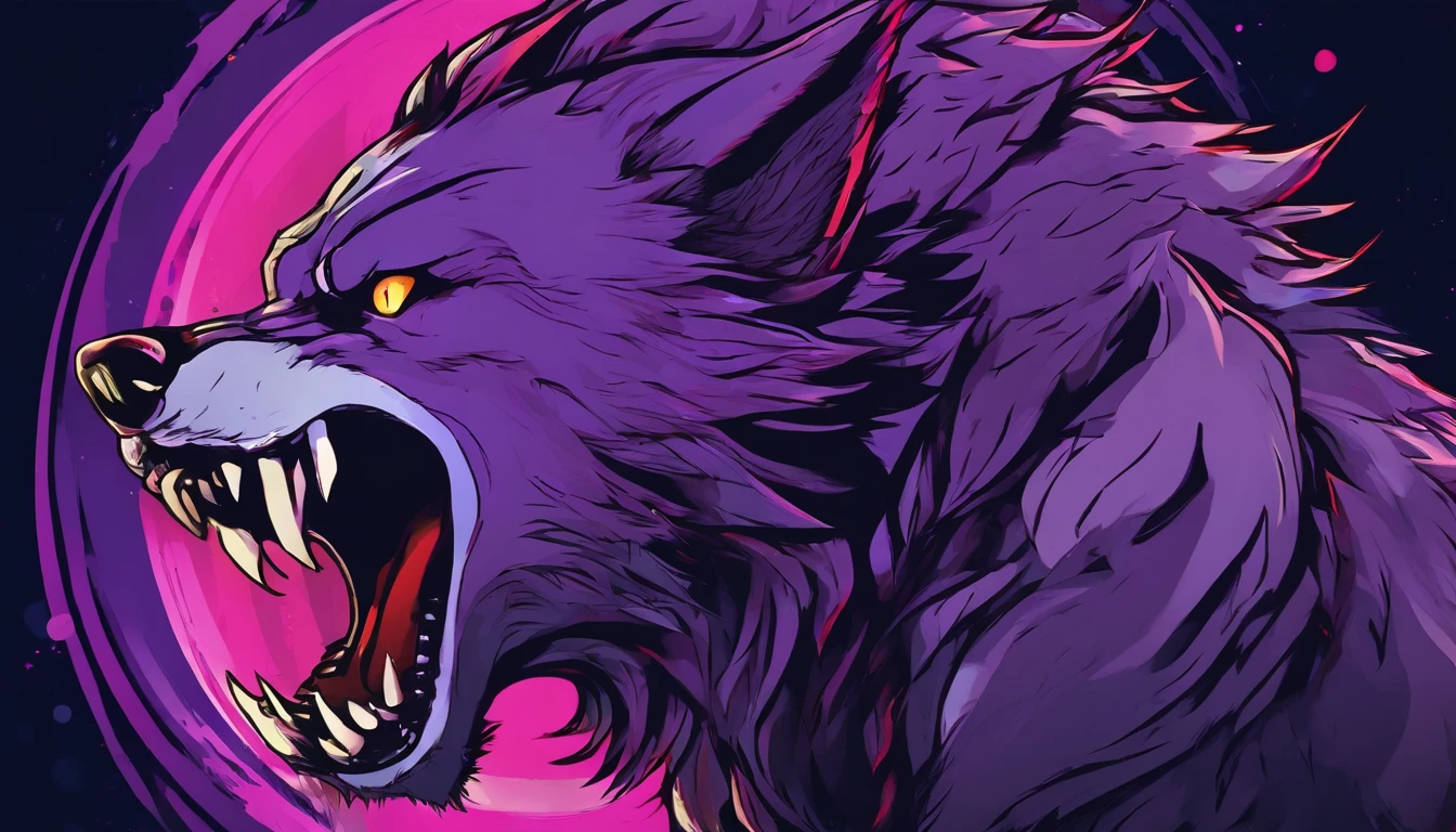 werewolf, with sharp claws and teeth, colors: purple, black, red, white