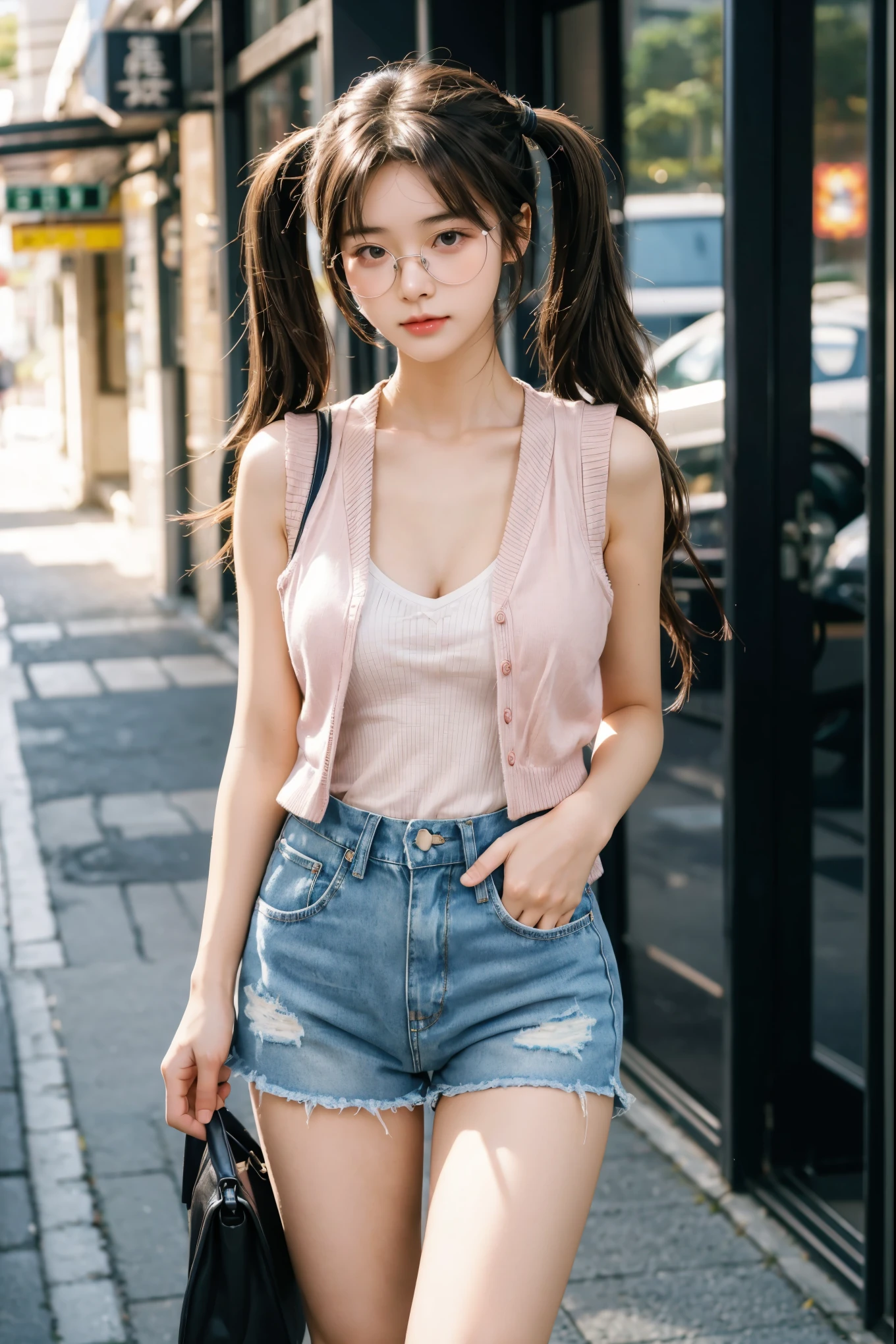 Top image quality、original photography、ultra high resolution、18-year-old Korean、glasses beauty、huge :1.5、cleavage:1.6、healthy complexion、Fair and shiny skin、((Hold the twin tails))、((light brown silver hair))、beautiful eyes，random colors、lips are very thin、beautiful eyes细致入微、elongated eyes、pale pink blush、long eyelashes、beautiful double eyelids、eye shadow、ear nipple ring、(fashion glasses、White tight vest、Denim shorts、beautiful legs、Charming thighs)、street photography、The legs are of moderate thickness、Focus on the legs、standing、Take a full body photo、强调cleavage、Wear fishnet stockings