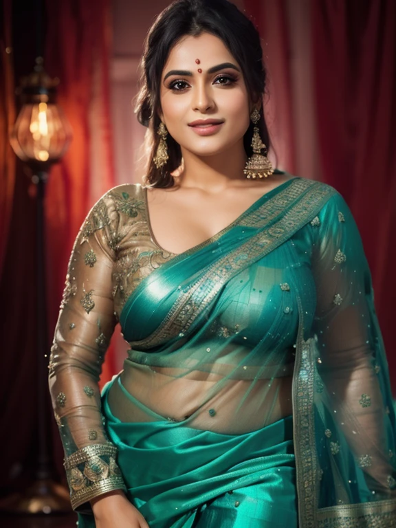 Beautiful photograph of Nilima Simran with thick body, in wearing sari fantasy background, wolf behind, fireflies, misty, natural lighting, perfect face, perfect eyes, perfect lips,