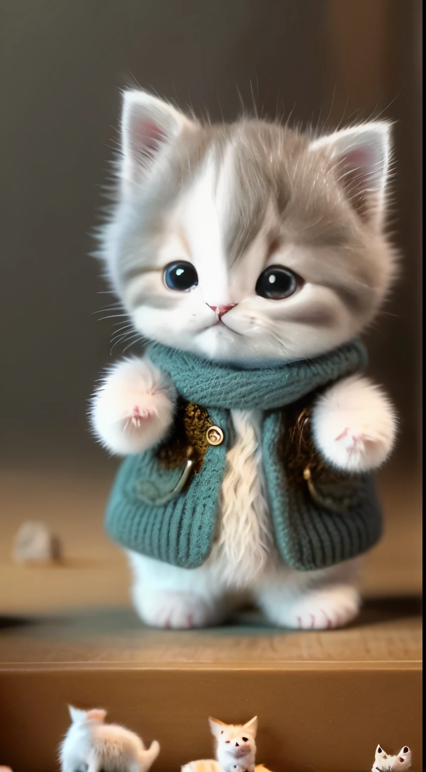 kitten in clothes， miniature kitten， Animal focus， bearded， realistic， POV Hand， ambiguous background，smile，interesting、