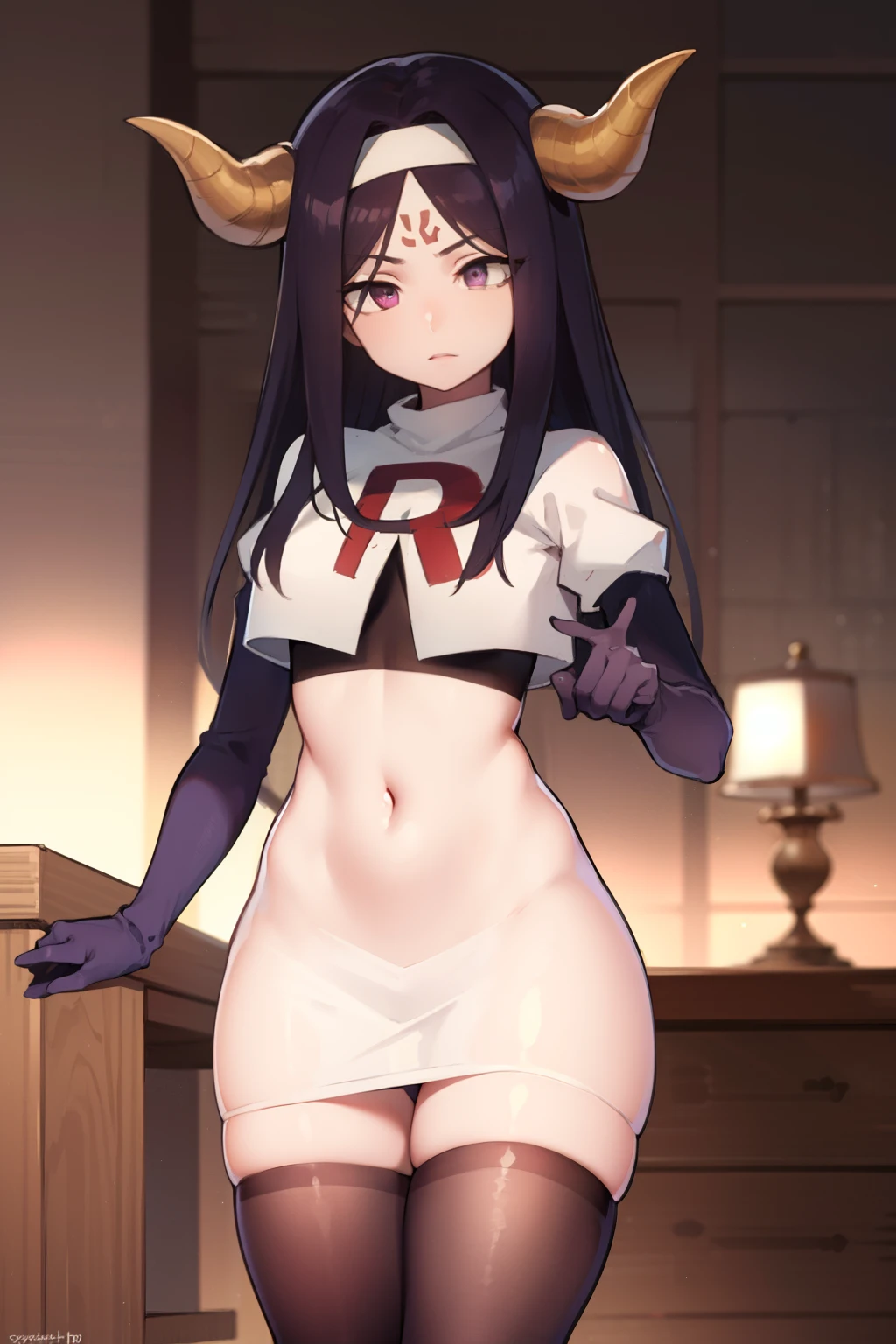 seilah, seilah, long hair, horns, purple hair, facial mark, forehead mark, (purple eyes:1.1), headband,
BREAK horns, tattoos, team rocket,team rocket uniform,white skirt,red letter R,crop top,black thigh-highs,black elbow gloves
BREAK cowboy shot, looking at viewer, 
BREAK (masterpiece:1.2), best quality, high resolution, unity 8k wallpaper, (illustration:0.8), (beautiful detailed eyes:1.6), extremely detailed face, perfect lighting, extremely detailed CG, (perfect hands, perfect anatomy),