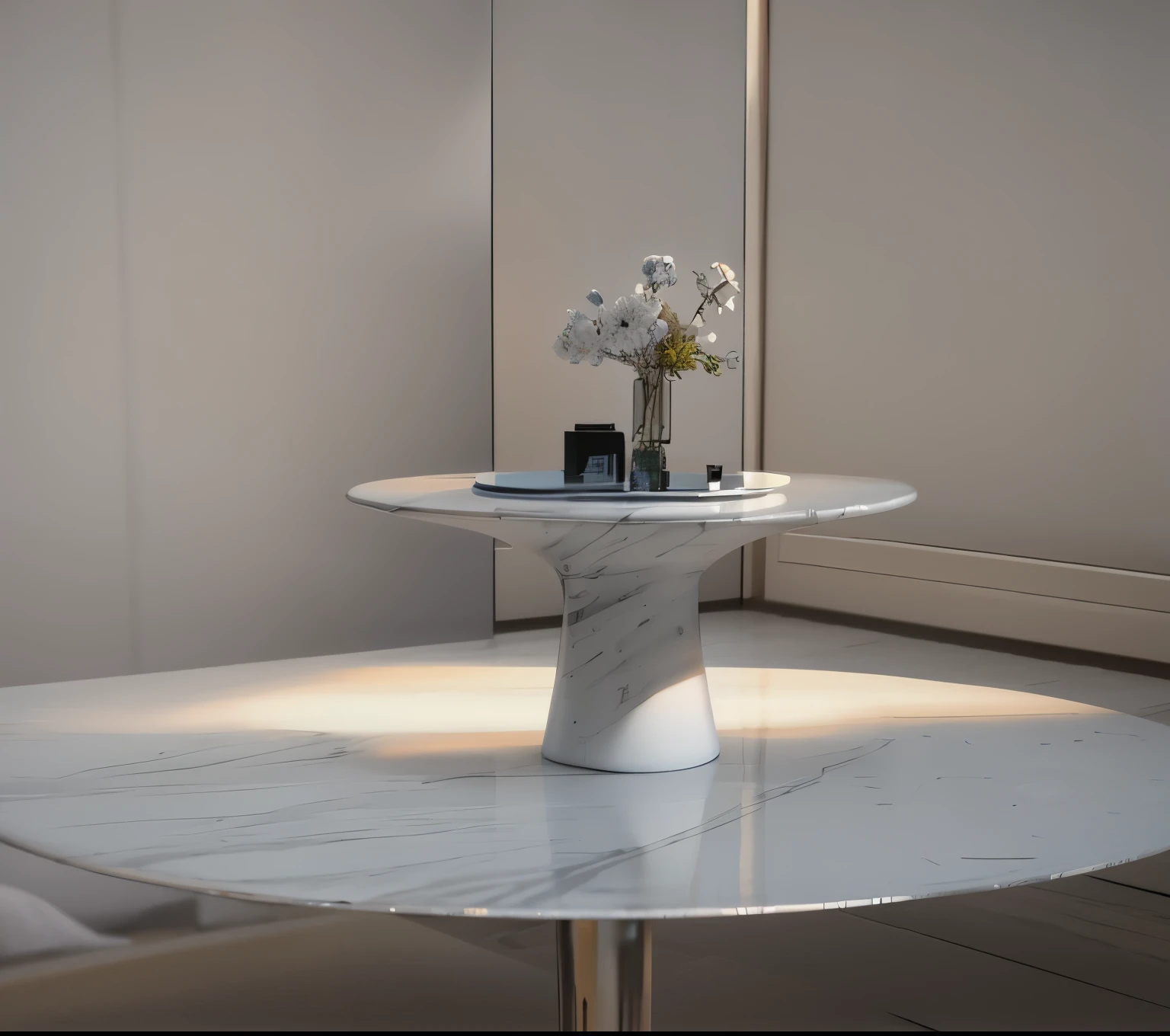 There is a table in front of the glass screen,There is a vase of flowers on it, 大理Stone table, Made of Carrara marble, Stone table, Highly photographic rendering, With 3D rendering, With 3D rendering, White table, Rectangular white porcelain table, White marble carving, minimally modern, Focus on the table, Made of marble, luxcorerender