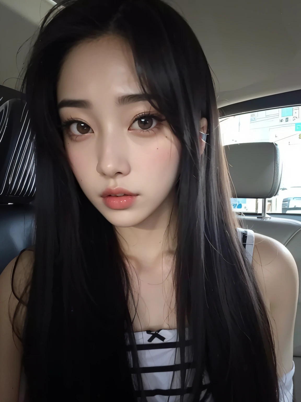 um close up de uma mulher com longos cabelos pretos em um carro, jaeyeon nam, coreana, linda mulher sul-coreana, Jinyoung Shin, linda jovem coreana, Heonhwa Choe, Ulzzang, linda jovem coreana, young lovely korean face, adorable and pale korean face, dilraba dilmurat, cruel korean goth girl, 27 anos de idade