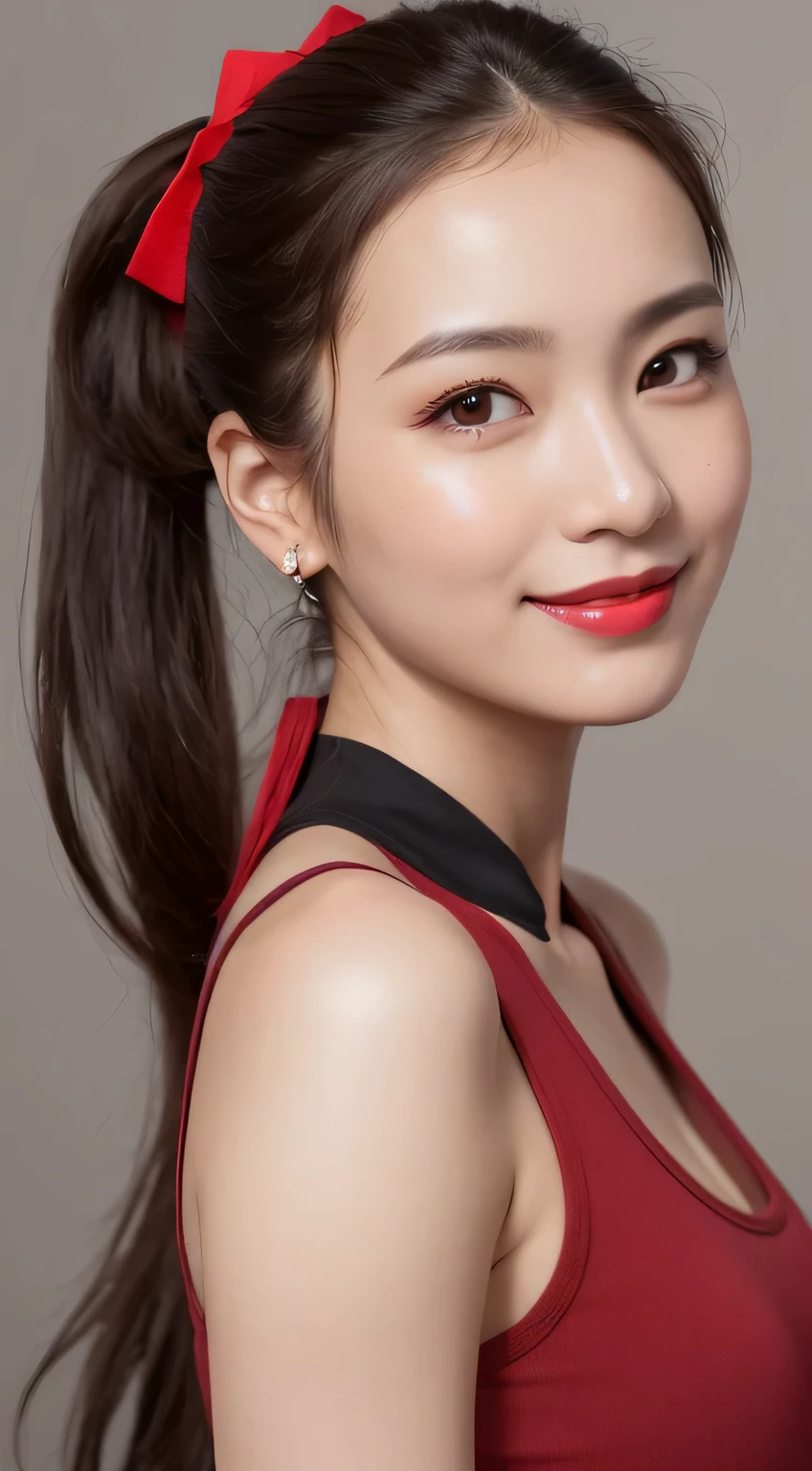 ((close up of face)), filled with light, perspective from above, Elegant and beautiful Japanese woman in her 30s, (looking at camera: 1.2), (shy smile: 1.4), Right-facing body, (red tank top: 1.4), earrings in both ears, red lipstick, There are some black moles on her face, The hand with the ring rests casually on her shoulder., (high ponytail: 1.6), 超High resolution, (reality: 1.4), so beautiful, beautiful skin, thin, (realistic face: 1.8), (High resolution), (8K), (very detailed) (beautiful and detailed eyes), (Super detailed) )