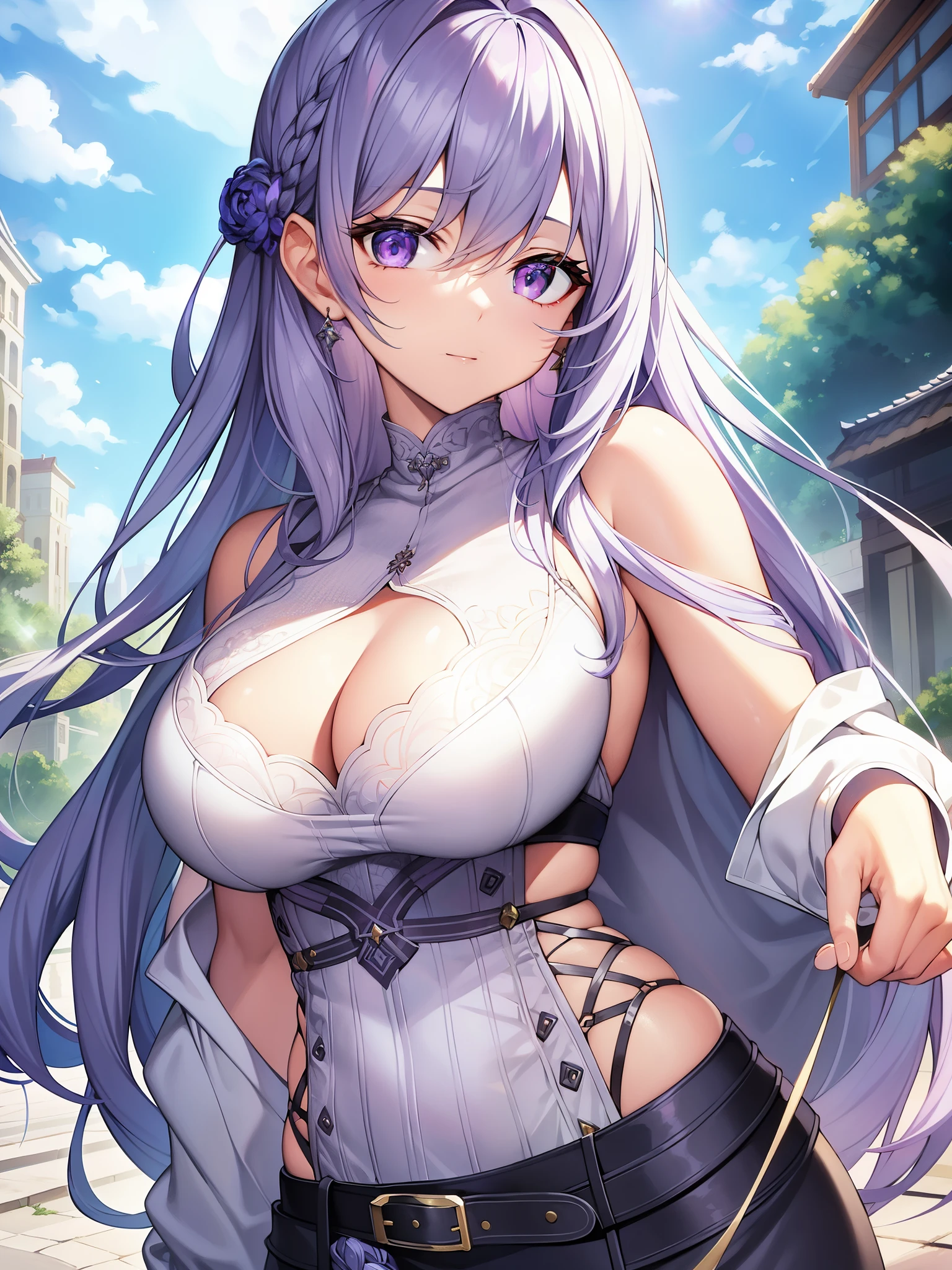 masterpiece、(highest quality)、1 female、1 female、Leona、silver hair、purple hair、long hair、Purple eye、sexy woman、hair between eyes、white sweater、(Clothes)、((Undressing))、jewelry、hair ornaments、Bright colors、Natural light、RTX、big breasts、beautiful、(detailed face:1.2)、showcase、(perfect eyes:1.1)、(photorealistic:1.1)、8k UHD、looking at viewer、outdoor、simple background、