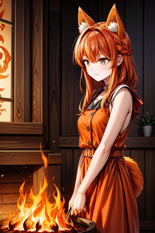 An orange haired woman with copper eyes and orange fox ears and an orange fox tail is preparing a fire in a victoian dress