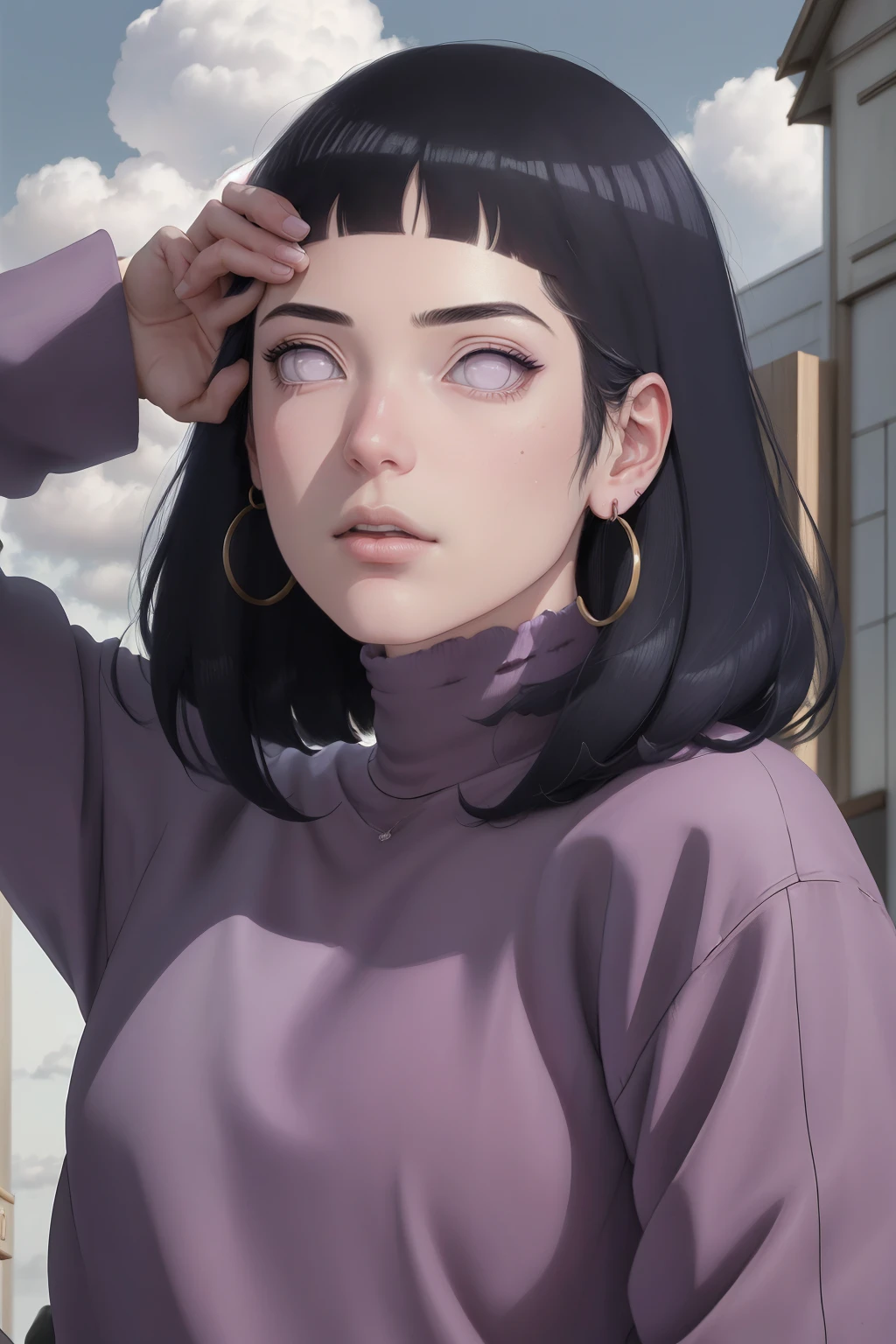 { - anatomy error} (Masterpiece - Ultra-detailed, very high resolution) , absurdos, Hinata\(Boruto\), 1girl, sozinho,Mature female, Capuz roxo,mangas em camadas, jeans, ao ar livre, Cloudy sky, perfect composition, circunstanciado lips, peito grande, beautiful face, body propotion, corar, (pink lips), cabelos pretos curto (black hair), lilac eyes, olhar suave, super realistic, circunstanciado, rosto e corpo realistas, Realistic hair, olhos realistas, nariz realista, realistic lips, with large hoop earrings, anime.