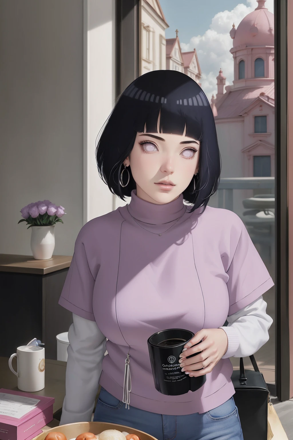 { - anatomy error} (Masterpiece - Ultra-detailed, very high resolution) , absurdos, Hinata\(Boruto\), 1girl, sozinho,Mature female, Capuz roxo,mangas em camadas, jeans, ao ar livre, Cloudy sky, perfect composition, circunstanciado lips, peito grande, beautiful face, body propotion, corar, (pink lips), cabelos pretos curto (black hair), lilac eyes, olhar suave, super realistic, circunstanciado, rosto e corpo realistas, Realistic hair, olhos realistas, nariz realista, realistic lips, with large hoop earrings, anime.