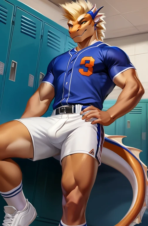 solo, male, orange color dragon, with mohawk beige hair, muscular male, wearing a tight baseball uniform, a detailed bulge, at a locker room, by chunie