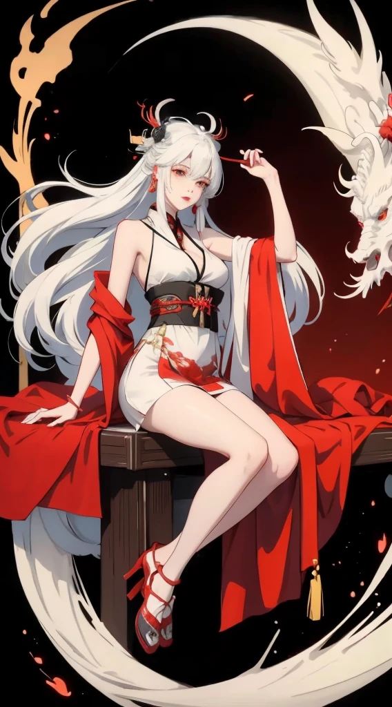 A woman in a red dress sits at the table，旁边是一条小white dragon, white hair神, Onmyoji, white dragon, 《Genshin》Keqing in, white hair, white dragon女 动漫女神，Hanfu