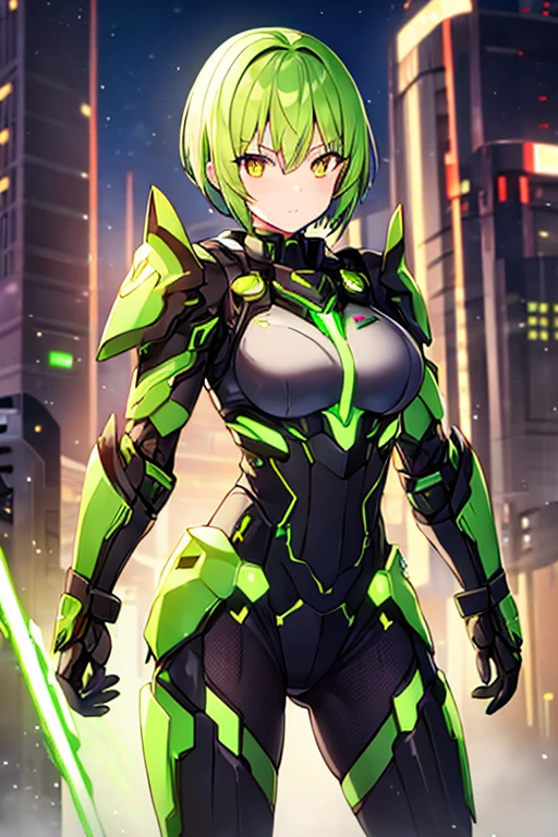 1girl, yellow eyes, green hair, serious, very short hair, medium breasts, machinery, neon trim, armor, shoulder armor, futuristic, black bodysuit, science-fiction, tech, adult, 1woman, woman,