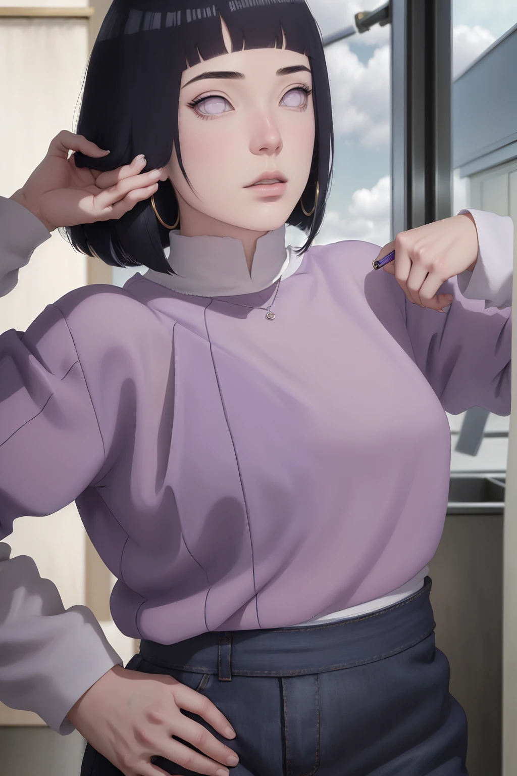 { - anatomy error} (Masterpiece - Ultra-detailed, very high resolution) , absurdos, Hinata\(Boruto\), 1girl, sozinho,Mature female, Capuz roxo,mangas em camadas, jeans, ao ar livre, Cloudy sky, perfect composition, circunstanciado lips, peito grande, beautiful face, body propotion, corar, (pink lips), cabelos pretos curto (black hair), lilac eyes, olhar suave, super realistic, circunstanciado, rosto e corpo realistas, Realistic hair, olhos realistas, nariz realista, realistic lips, with large hoop earrings, anime.