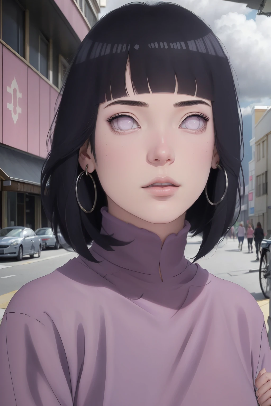 { -  error} (Masterpiece - Ultra-detailed, very high resolution) , absurdos, Hinata\(Boruto\), 1girl, sozinho,Mature female, Capuz roxo,mangas em camadas, jeans, ao ar livre, Cloudy sky, perfect composition, circunstanciado lips, peito grande, beautiful face, body propotion, corar, (pink lips), cabelos pretos curto (black hair), lilac eyes, olhar suave, super realistic, circunstanciado, rosto e corpo realistas, Realistic hair, olhos realistas, nariz realista, realistic lips, with large hoop earrings,  anime. 
