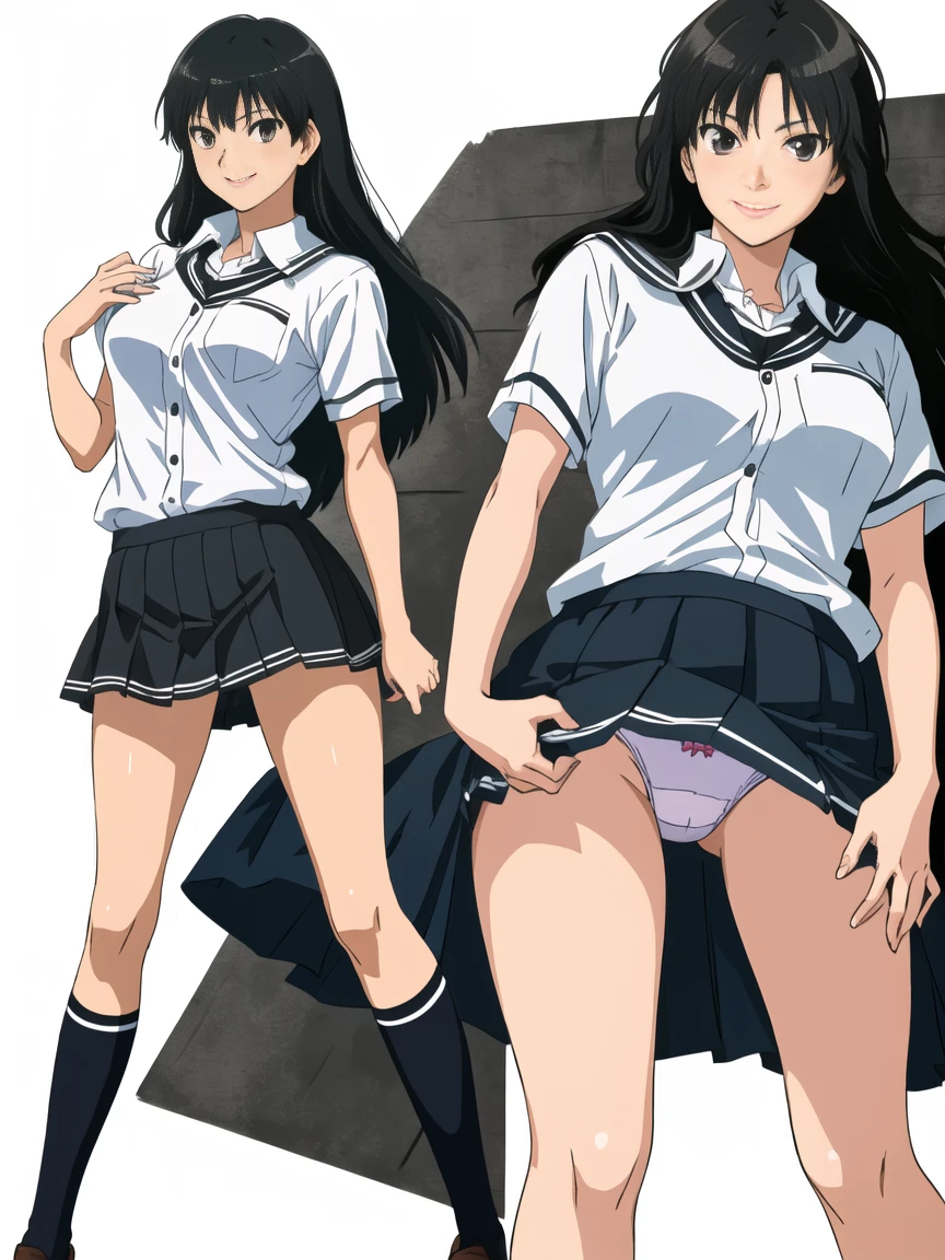 highest quality, ultra high resolution, (realistic: )2D official style cel animation,((multiple views))Amagami Tsukasa Ayatsuji,high school girl,uniform,gray mini skirt,summer shirt.unlock button,good,nipple,panties,long straight hair,full body portrait,from below,In front of the station,Sunny,smile,Low - Angle