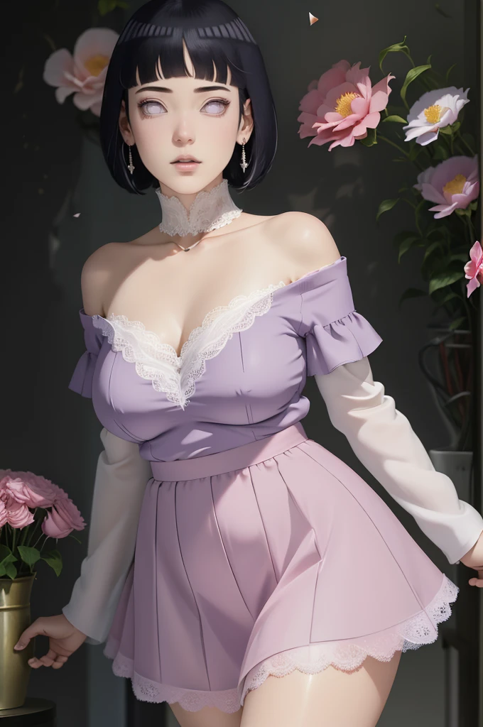 (masterpiece) (huge titusty, masterpiece, absurdres, hinata\(boruto\), 1girl, solo,mature female, off-shoulder bra, high waist short skirt, looking at viewelling petals), perfect composition, detailed lips, big breast, beautiful face, body propotion, blush, (pink lips), short hair, purple eyes, soft gaze, super realistic, detailed, photoshoot, realistic face and body, dancing lightly, lilac eyes, full body, lace clothes, with large hoop earrings